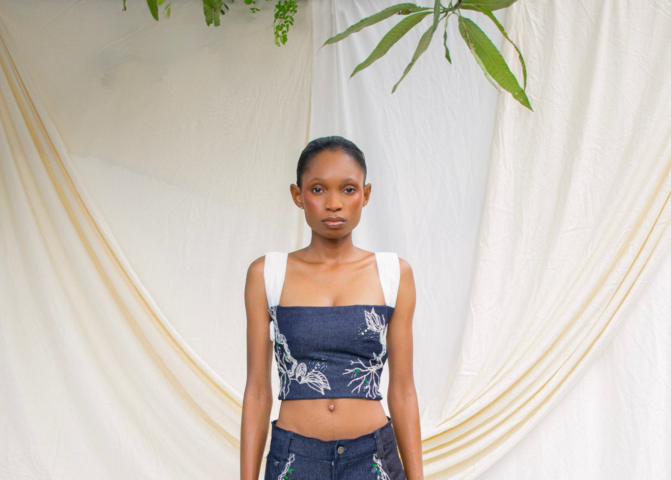 Denim Hand  Embroidered Strap Detail Top