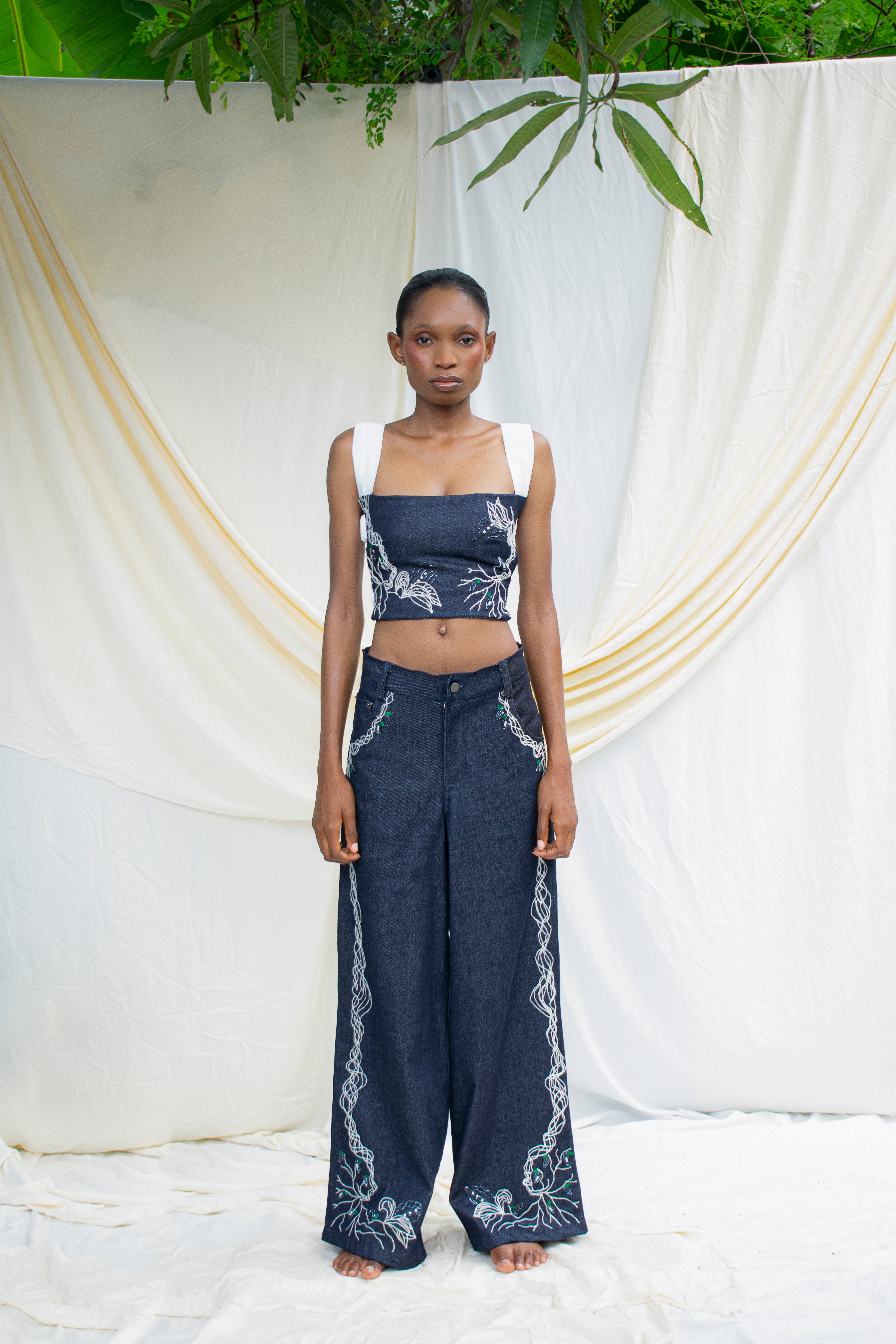 Denim Hand  Embroidered Strap Detail Top