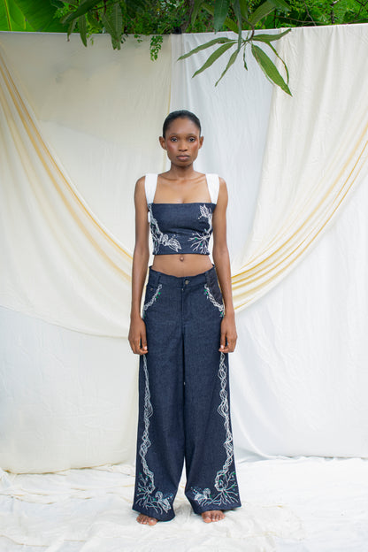 Denim Hand  Embroidered Strap Detail Top