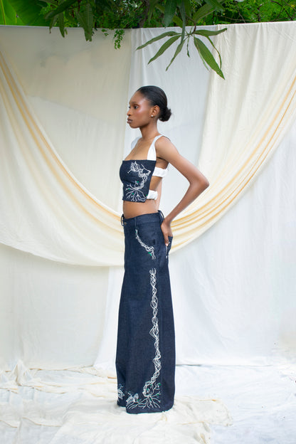 Denim Hand  Embroidered Strap Detail Top