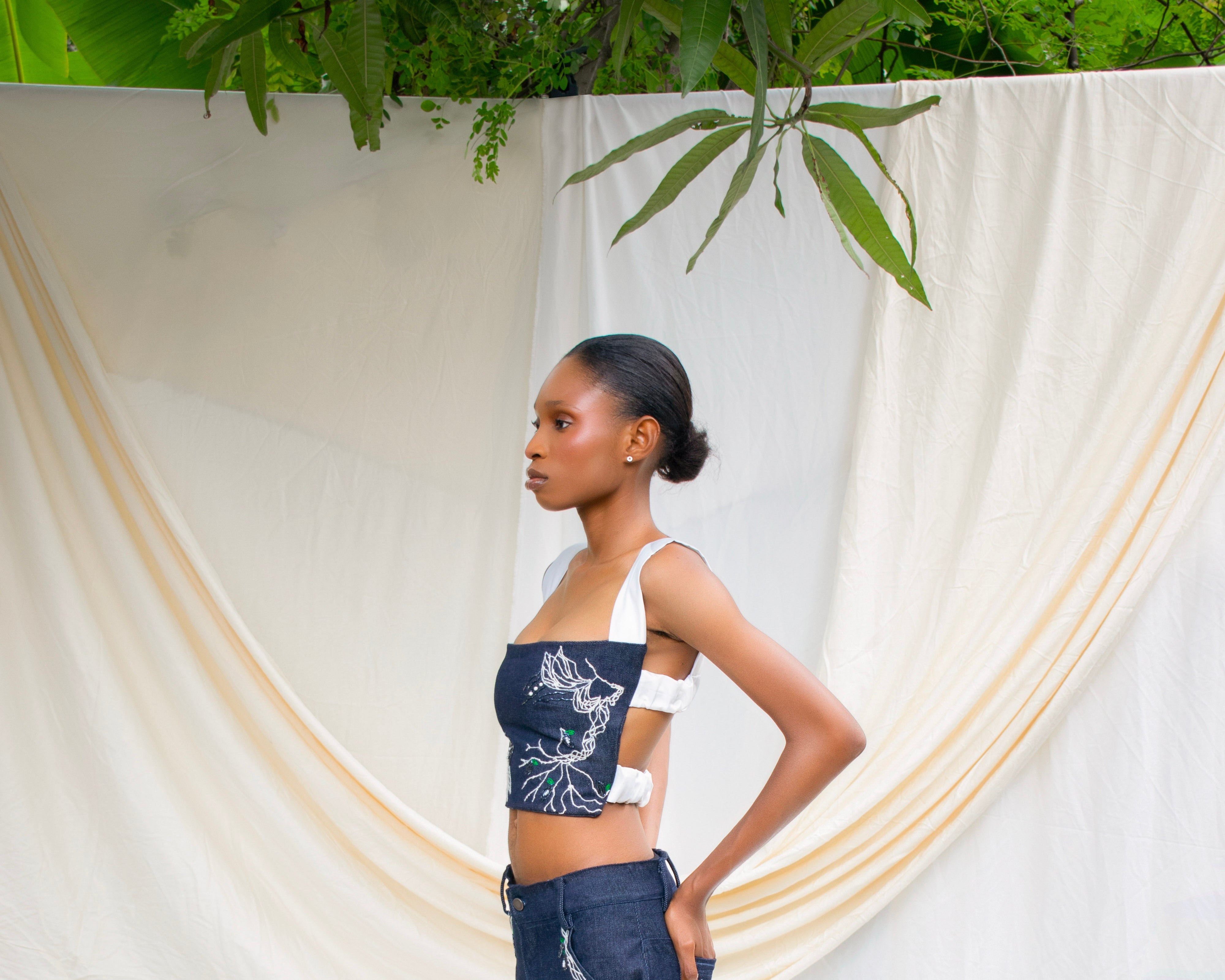 Denim Hand  Embroidered Strap Detail Top
