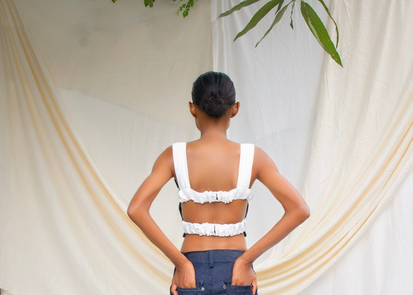 Denim Hand  Embroidered Strap Detail Top