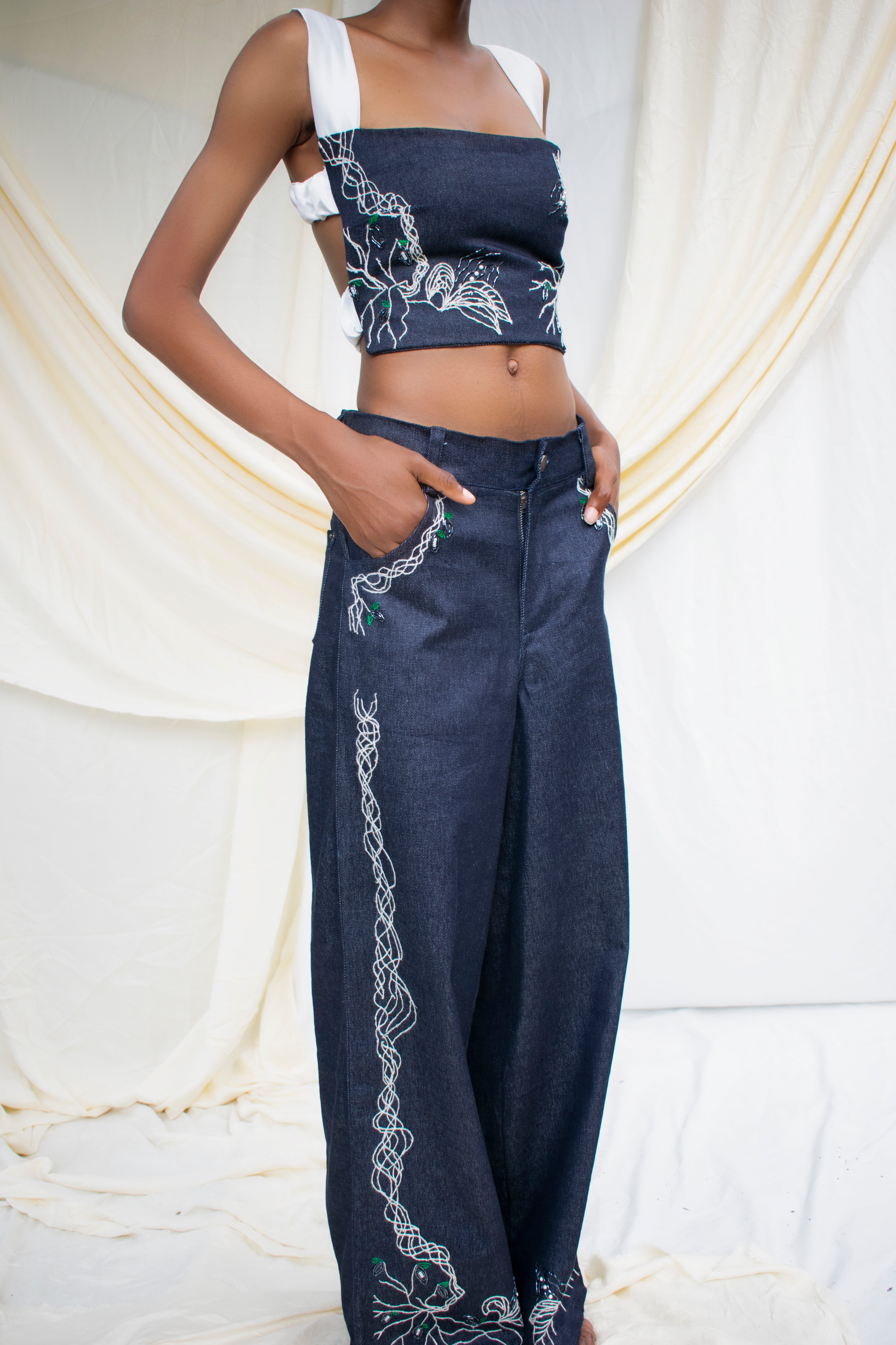 Denim Hand  Embroidered Strap Detail Top