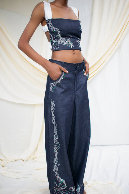 Denim Hand  Embroidered Strap Detail Top